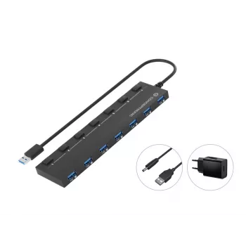 Hub Conceptronic HUBBIES19BP USB 3.0 de 7 portas com fonte de alimentação, cabo de 90 cm, interruptor individual, USB 3.2 Gen 1