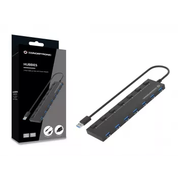 Hub Conceptronic HUBBIES19BP USB 3.0 de 7 portas com fonte de alimentação, cabo de 90 cm, interruptor individual, USB 3.2 Gen 1