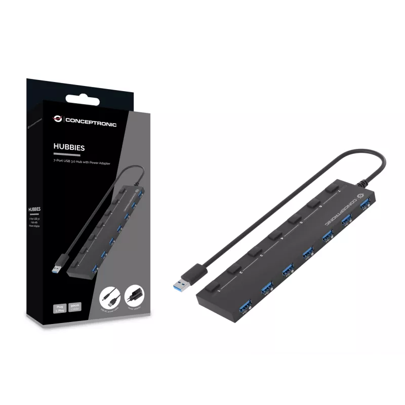 Hub Conceptronic HUBBIES19BP USB 3.0 de 7 portas com fonte de alimentação, cabo de 90 cm, interruptor individual, USB 3.2 Gen 1