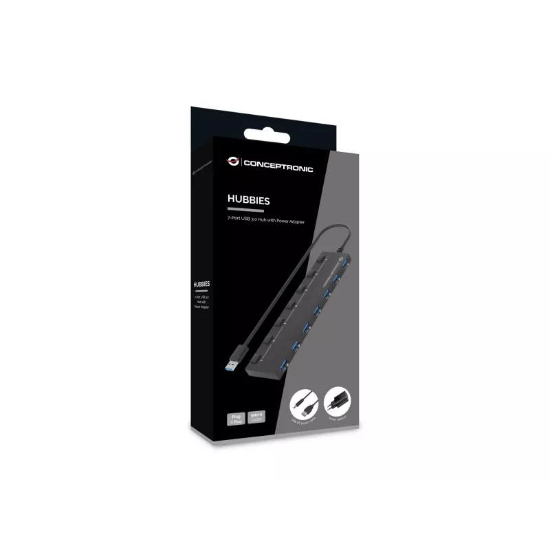 Hub Conceptronic HUBBIES19BP USB 3.0 de 7 portas com fonte de alimentação, cabo de 90 cm, interruptor individual, USB 3.2 Gen 1