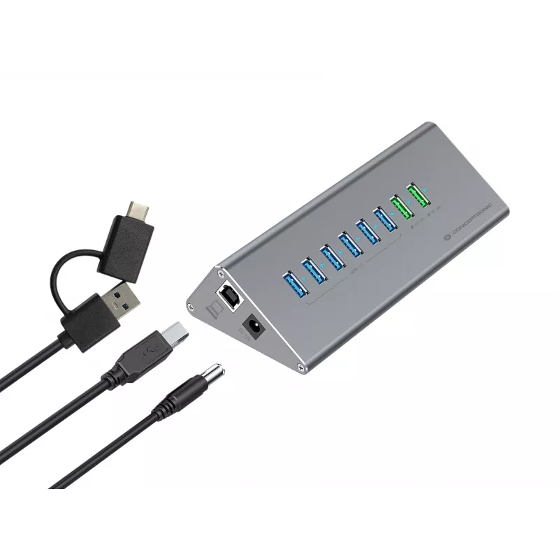 Combinação hub-carregador Conceptronic HUBBIES18G 10 em 1 60W USB 3.0, cabo USB-C-USB-A 2 em 1, USB 3.2 Gen 1
