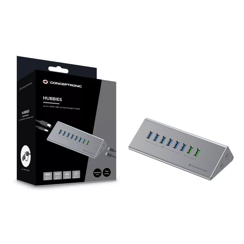 Combinação hub-carregador Conceptronic HUBBIES18G 10 em 1 60W USB 3.0, cabo USB-C-USB-A 2 em 1, USB 3.2 Gen 1