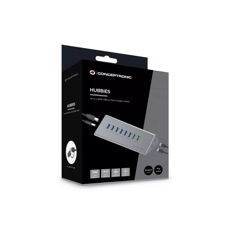 Combinação hub-carregador Conceptronic HUBBIES18G 10 em 1 60W USB 3.0, cabo USB-C-USB-A 2 em 1, USB 3.2 Gen 1