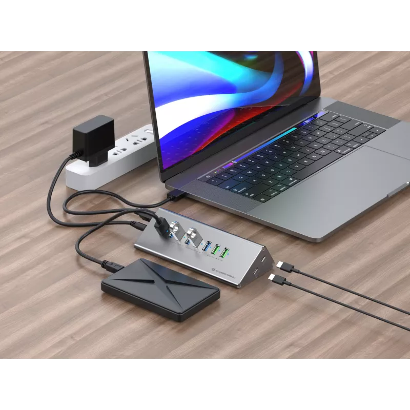 Combinação hub-carregador Conceptronic HUBBIES18G 10 em 1 60W USB 3.0, cabo USB-C-USB-A 2 em 1, USB 3.2 Gen 1