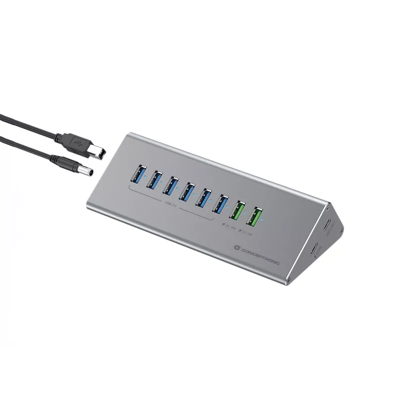 Combinação hub-carregador Conceptronic HUBBIES18G 10 em 1 60W USB 3.0, cabo USB-C-USB-A 2 em 1, USB 3.2 Gen 1