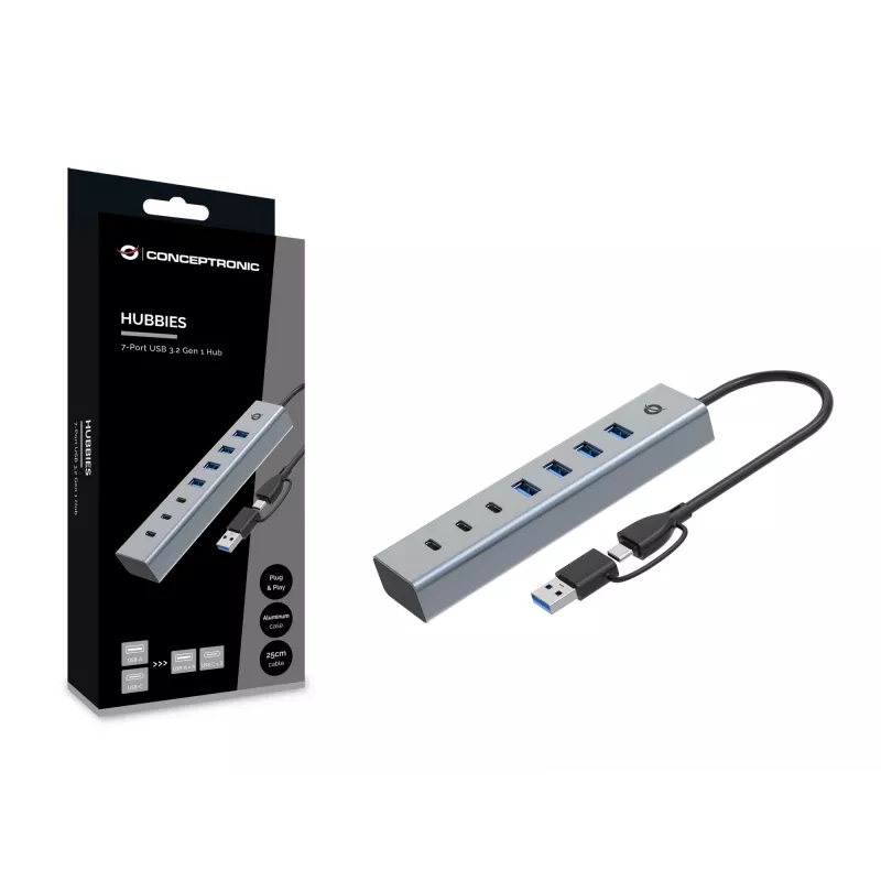 Hub Conceptronic HUBBIES20G USB 3.0 de 7 portas, 5 Gbit/s, USB-C x 3, USB-A x 4