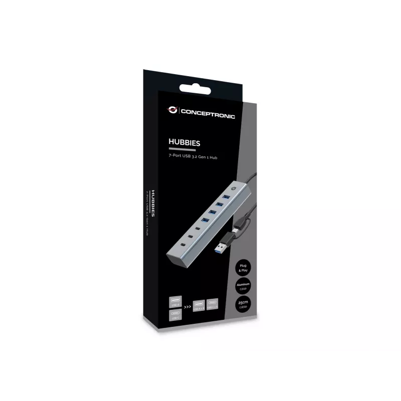 Hub Conceptronic HUBBIES20G USB 3.0 de 7 portas, 5 Gbit/s, USB-C x 3, USB-A x 4