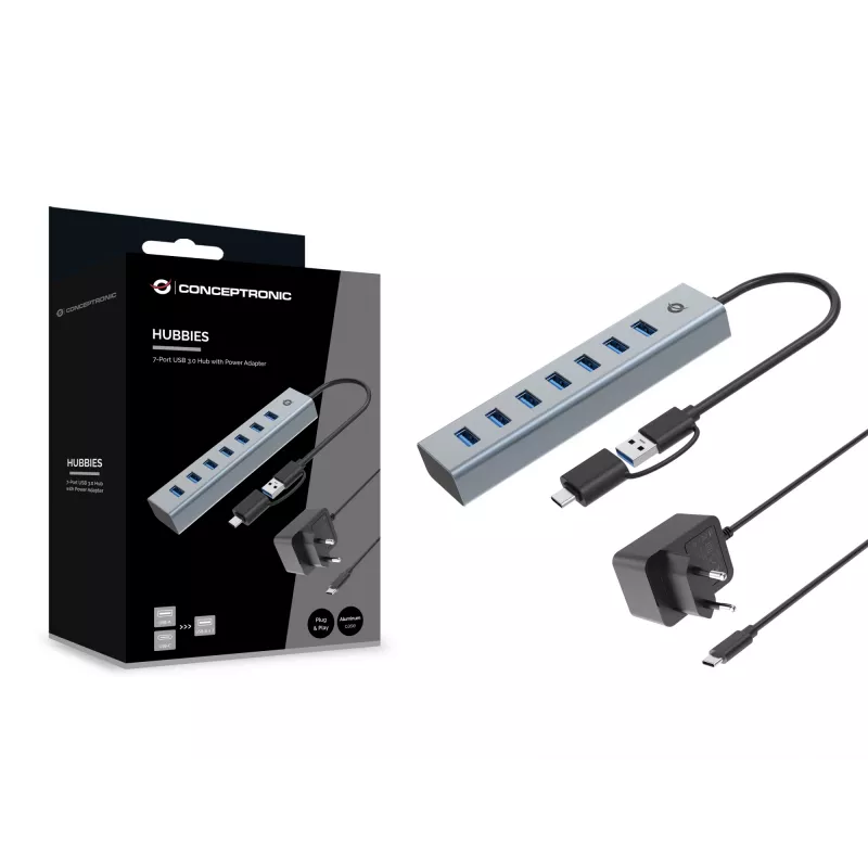 Hub Conceptronic HUBBIES21GP USB 3.0 de 7 portas com fonte de alimentação, 5 Gbit/s, USB-A x 7