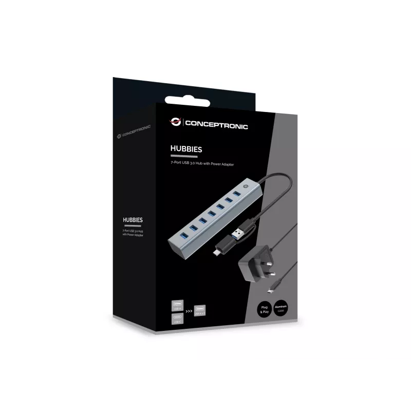 Hub Conceptronic HUBBIES21GP USB 3.0 de 7 portas com fonte de alimentação, 5 Gbit/s, USB-A x 7