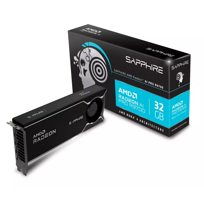 Placa gráfica Sapphire Radeon AI PRO R9700 — 32 GB GDDR6, 256-bit, PCIe 5.0, refrigeração ativa (1 ventoinha)