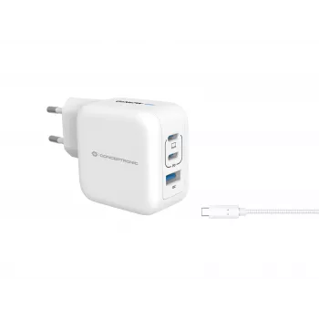 Carregador Conceptronic 3 portas 67W GaN USB PD com cabo USB-C, USB-C x 2, USB-A x 1, QC 3.0, PPS