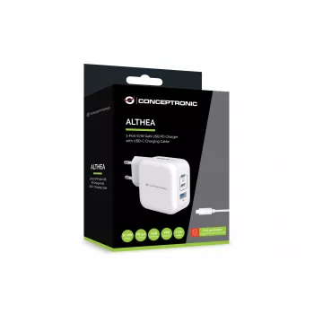Carregador Conceptronic 3 portas 67W GaN USB PD com cabo USB-C, USB-C x 2, USB-A x 1, QC 3.0, PPS