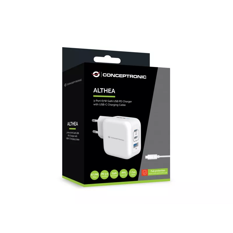 Carregador Conceptronic 3 portas 67W GaN USB PD com cabo USB-C, USB-C x 2, USB-A x 1, QC 3.0, PPS