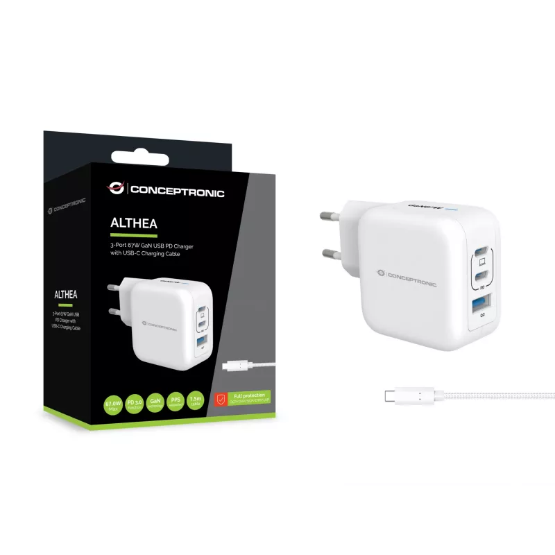Carregador Conceptronic 3 portas 67W GaN USB PD com cabo USB-C, USB-C x 2, USB-A x 1, QC 3.0, PPS