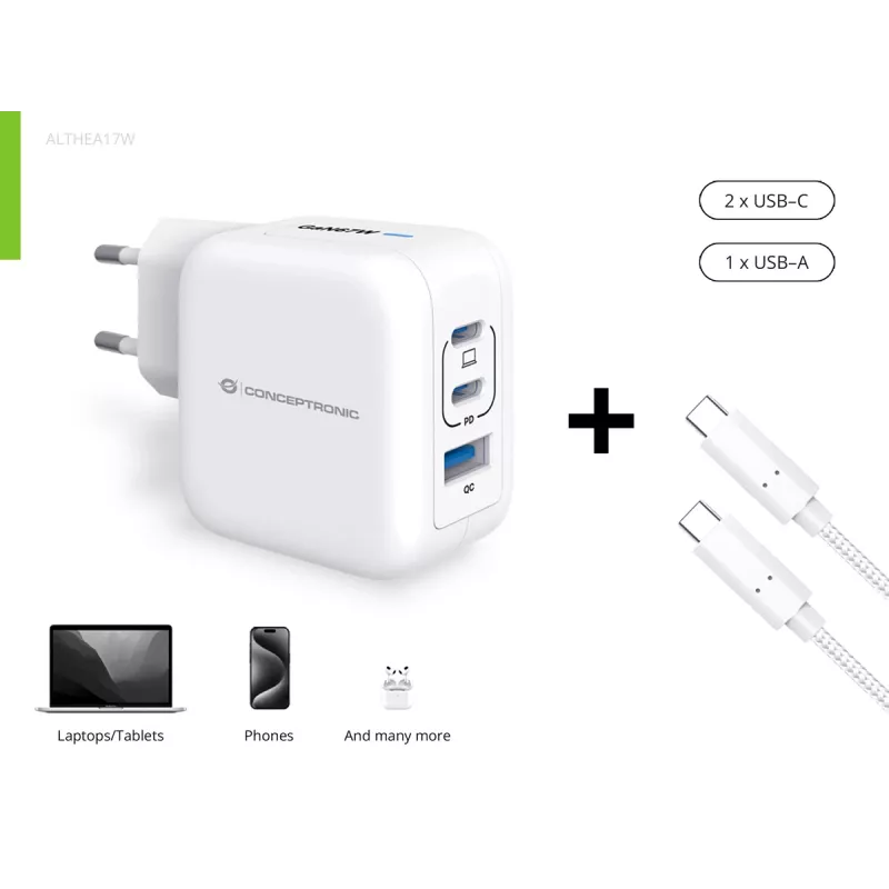 Carregador Conceptronic 3 portas 67W GaN USB PD com cabo USB-C, USB-C x 2, USB-A x 1, QC 3.0, PPS