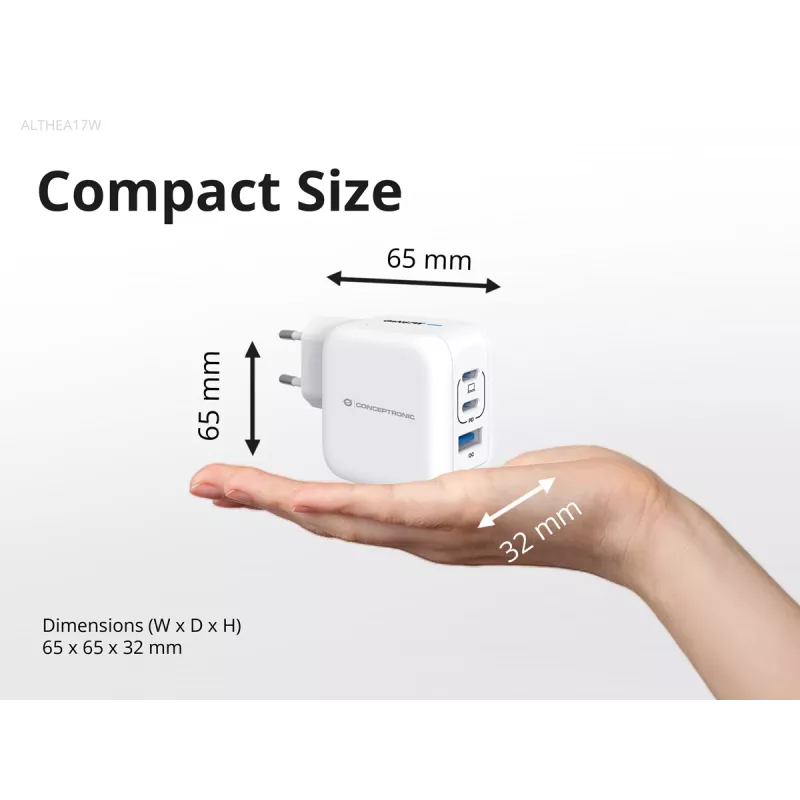 Carregador Conceptronic 3 portas 67W GaN USB PD com cabo USB-C, USB-C x 2, USB-A x 1, QC 3.0, PPS