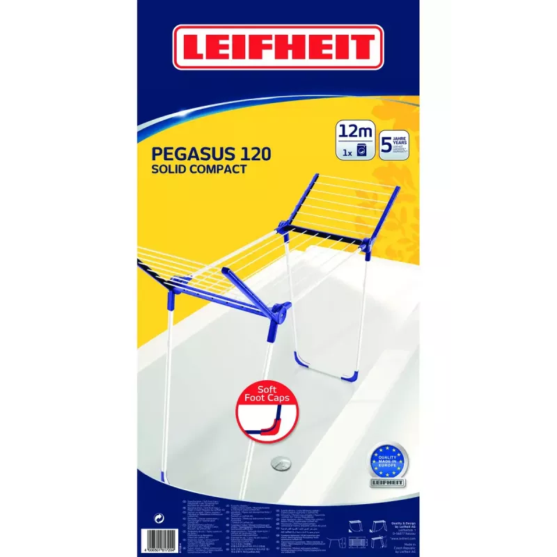 Leifheit Pegasus 120 Solid Compact 81720 estendal de chão dobrável, 12 m de comprimento de secagem, 76 x 149 x 43 cm, azul/branco