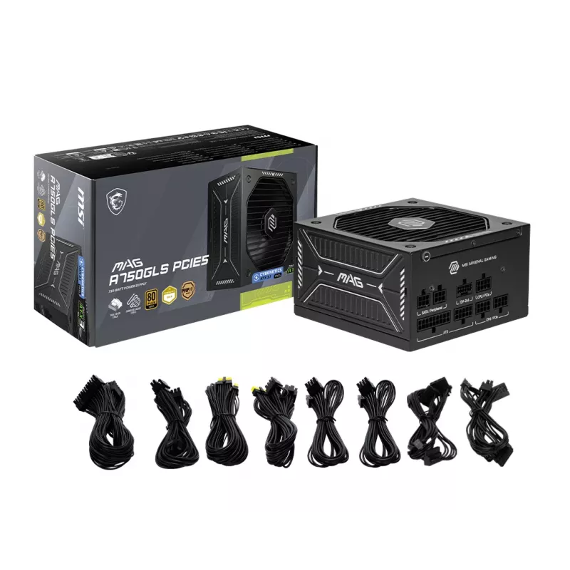 Fonte de alimentação MSI MAG A750GLS PCIE5 750W 24 pinos ATX totalmente modular 80 PLUS Gold preto