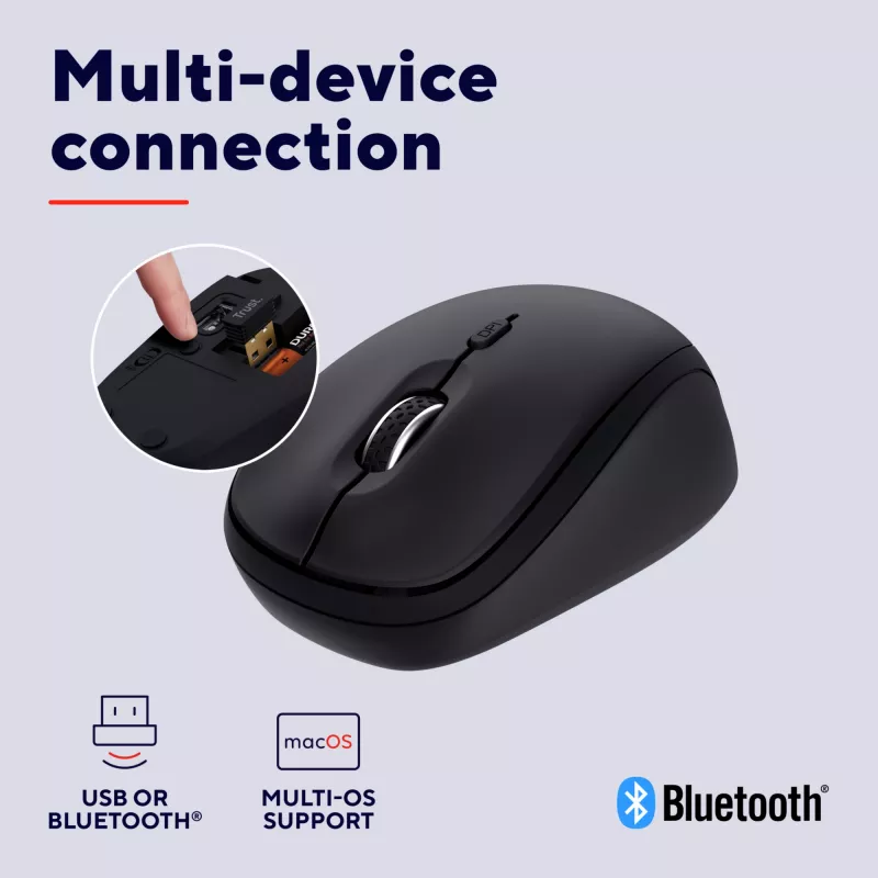 Rato Trust Yvi+ Universal Ambidestro RF Wireless + Bluetooth Ótico 1600 DPI
