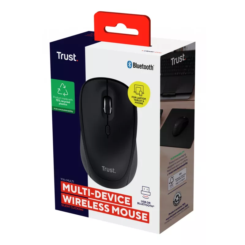 Rato Trust Yvi+ Universal Ambidestro RF Wireless + Bluetooth Ótico 1600 DPI