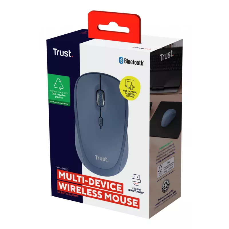 Rato Trust Yvi+ Universal Ambidestro RF Wireless + Bluetooth Ótico 1600 DPI