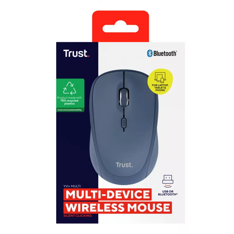Rato Trust Yvi+ Universal Ambidestro RF Wireless + Bluetooth Ótico 1600 DPI