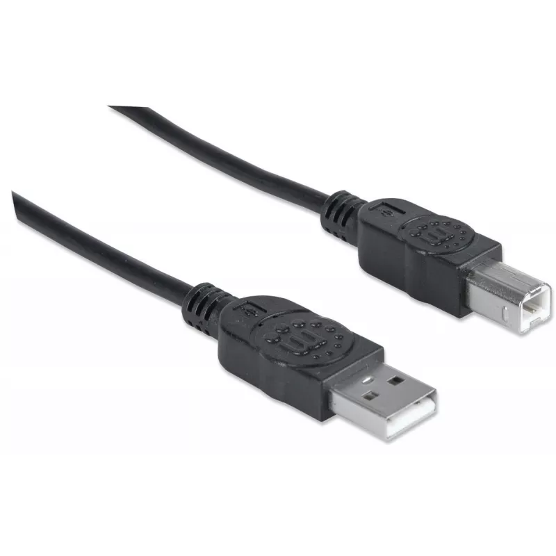 Cabo Manhattan USB-A para USB-B, 3 m, ficha macho para ficha macho, 480 Mbit/s (USB 2.0), Hi-Speed USB, Preto, garantia vitalícia, corresponde a USB2HAB3M.