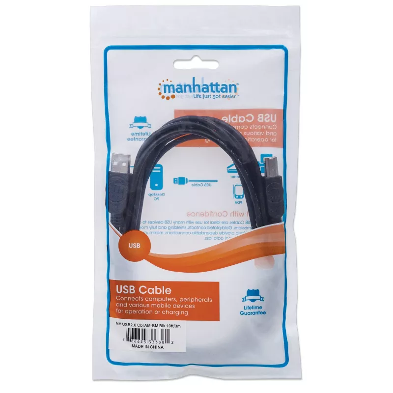 Cabo Manhattan USB-A para USB-B, 3 m, ficha macho para ficha macho, 480 Mbit/s (USB 2.0), Hi-Speed USB, Preto, garantia vitalícia, corresponde a USB2HAB3M.