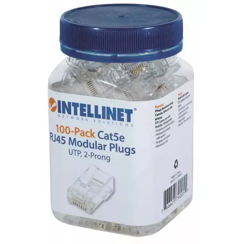 Ficha modular RJ45 Intellinet, Cat5e, UTP, 2 polos, para cabo flexível, contactos banhados a ouro 15 µ, pack de 100
