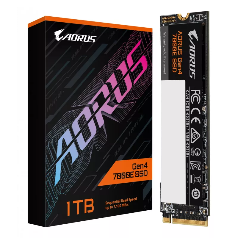 SSD Interno M.2 NVMe GIGABYTE AORUS Gen4 7000E 1 TB — 7100 MB/s leitura, 6100 MB/s escrita, M.2 2280