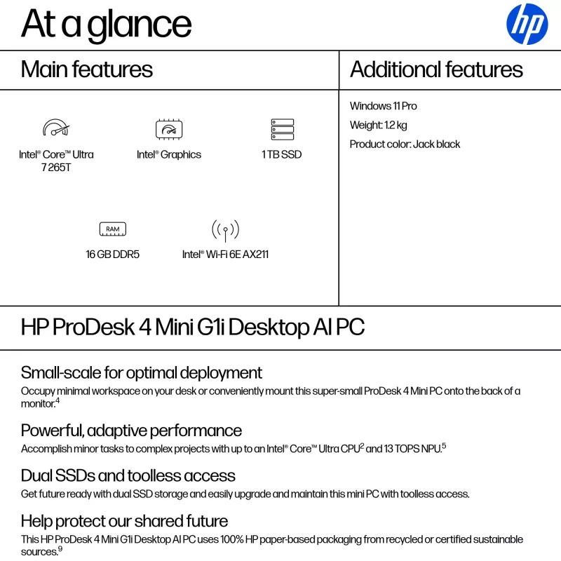 HP ProDesk 4 Mini G1i AI BY7D1ET mini PC, Intel Core Ultra 7 265T, 16 GB DDR5 5600, SSD de 1 TB, Intel Graphics, Windows 11 Pro, preto