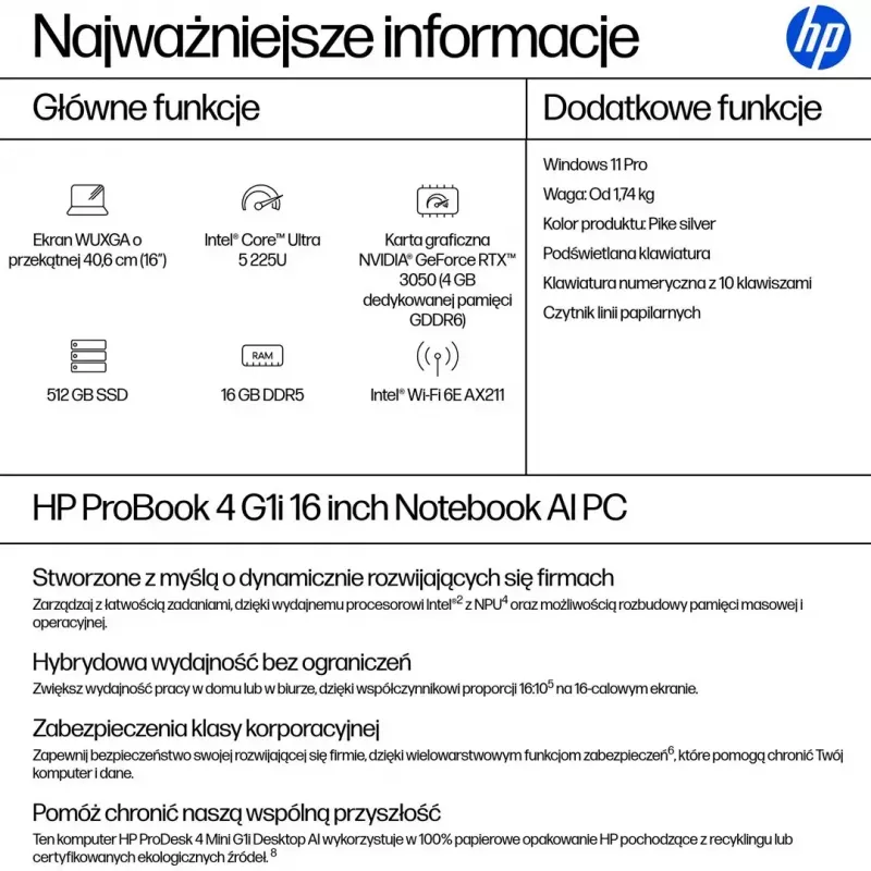 Portátil HP ProBook 4 G1i, 16 polegadas, 16 GB RAM, 512 GB SSD, Windows 11 Pro, QWERTY US
