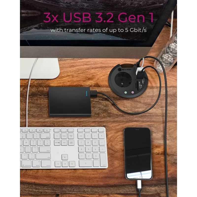 ICY BOX IB-HUB1430-CR hub multiporta USB 3.2 Gen 1 de embutir na secretária, preto