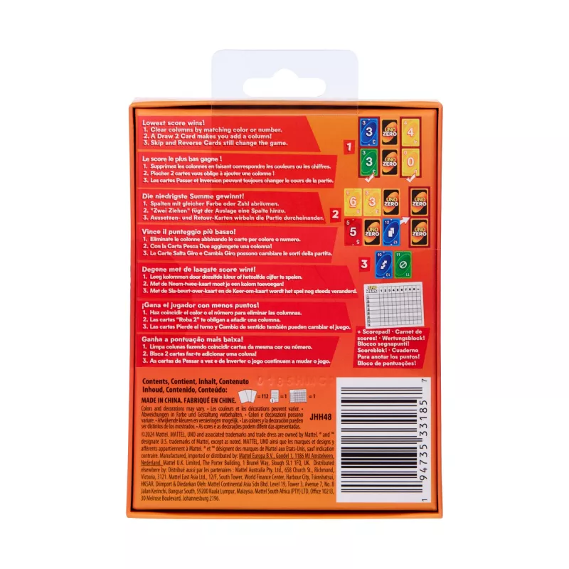 Jogo de cartas MATTEL UNO Zero — Jogo de descarte, idade 7+, incl. baralho e bloco de pontuação