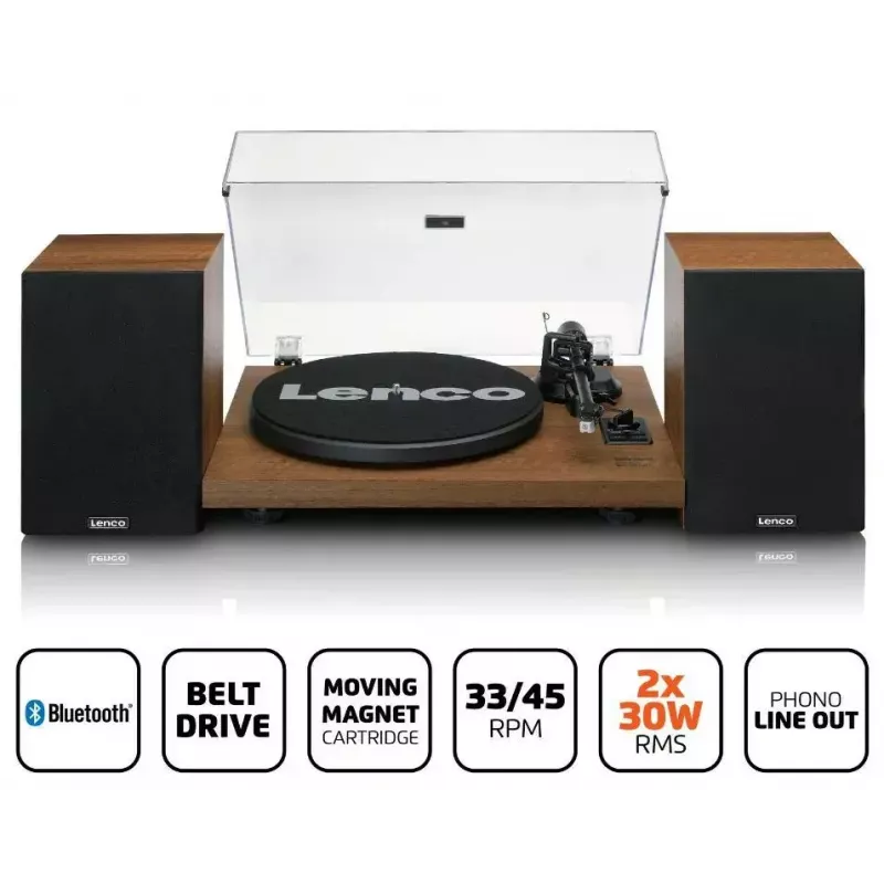 Gira-discos Lenco LS-480WD com amplificador integrado, Bluetooth, acionamento por correia, 33/45 rpm, 2×30W RMS, caixas de madeira