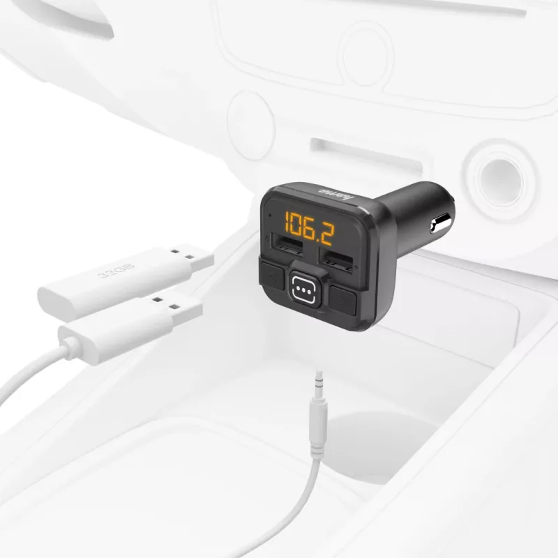 Hama 00014163 transmissor FM / carregador, AUX-IN, USB-IN, preto