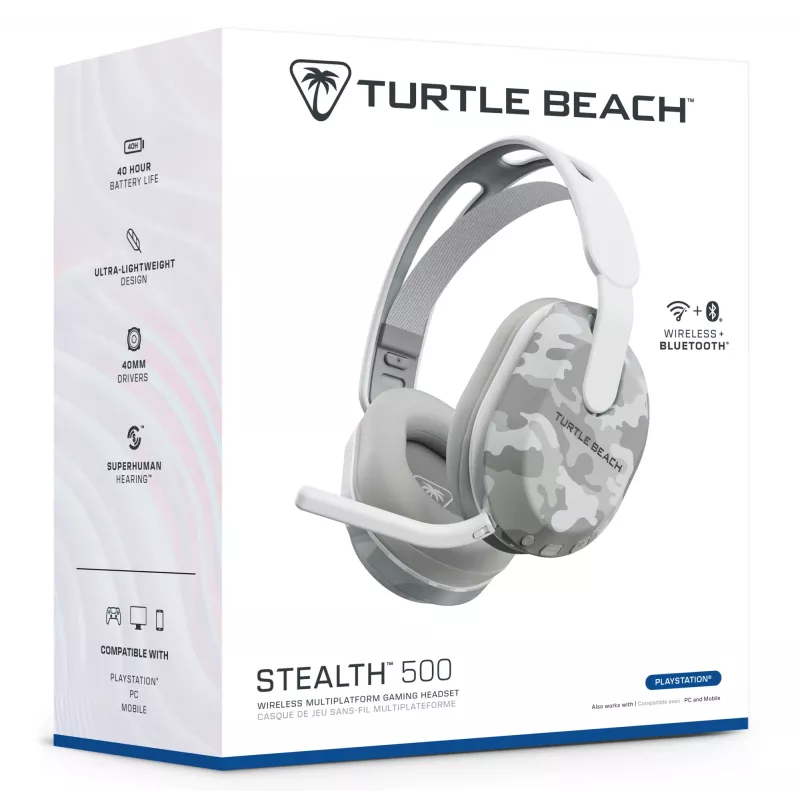 Headset gaming sem fios Turtle Beach Stealth 500 Arctic Camo para PlayStation com até 40 h de autonomia e Bluetooth para PS5, PS4, PC e dispositivos móveis