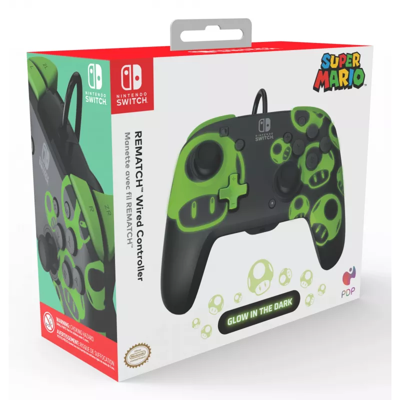 Gamepad PDP REMATCH com fios Controller 1-Up Glow in the Dark para Nintendo Switch, USB, cabo de 3 m, D-pad, botão Home, preto/verde