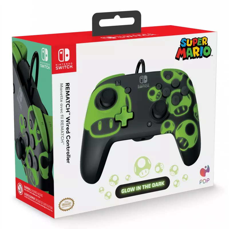 Gamepad PDP REMATCH com fios Controller 1-Up Glow in the Dark para Nintendo Switch, USB, cabo de 3 m, D-pad, botão Home, preto/verde