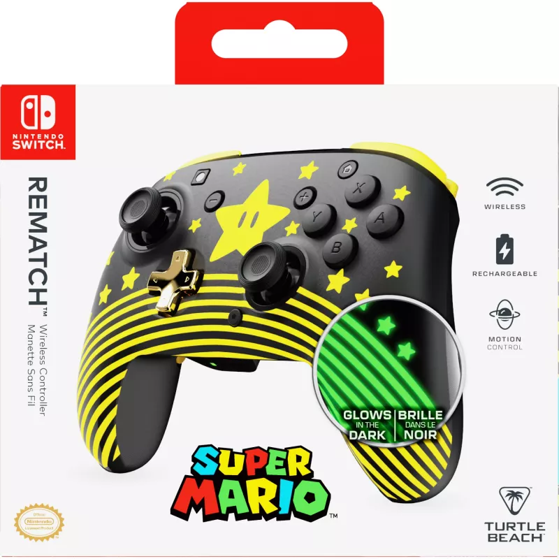Comando sem fios Turtle Beach Rematch TBC-8101-75 para Nintendo Switch, Super Mario Star, preto/amarelo