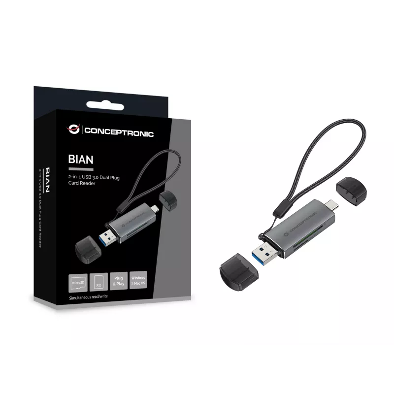 Leitor de cartões Conceptronic BIAN05G 2-em-1 USB 3.0 Dual Plug, SD/MicroSD 3.0, UHS-I