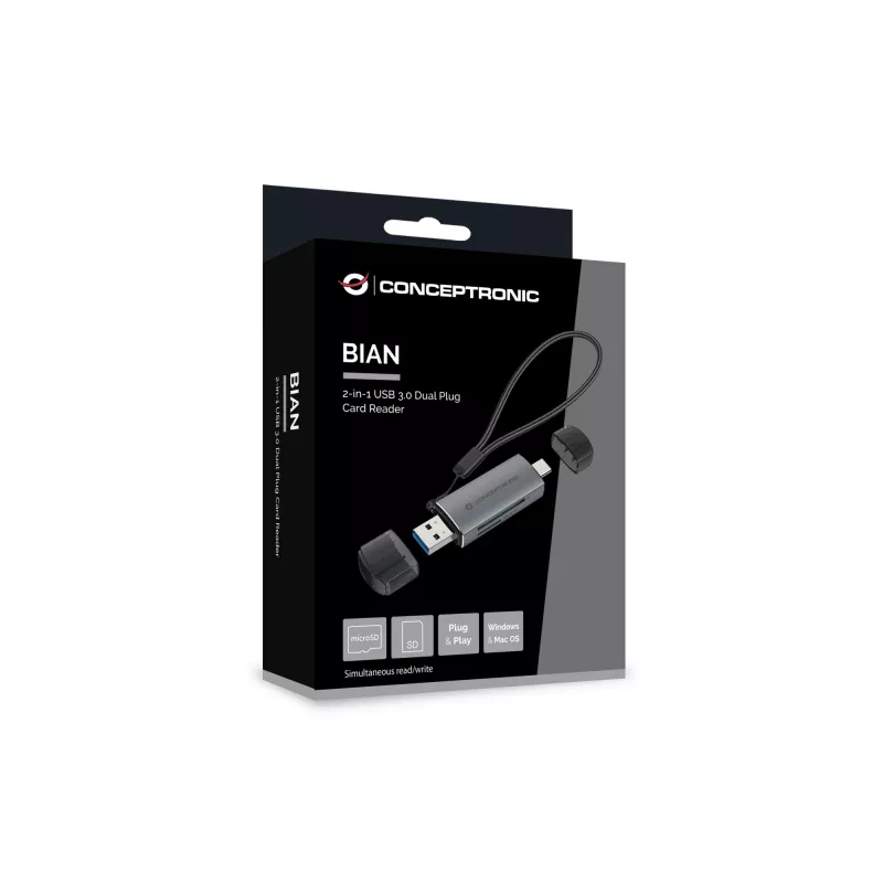 Leitor de cartões Conceptronic BIAN05G 2-em-1 USB 3.0 Dual Plug, SD/MicroSD 3.0, UHS-I