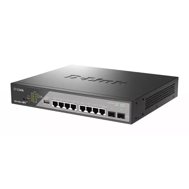 Switch de rede D-Link DSS-200G-10MPP gerido L2 Gigabit Ethernet (10/100/1000) Power over Ethernet (PoE) 1U preto, cinzento