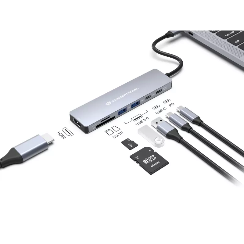 Conceptronic DONN28G docking station USB 3.2 Gen 1 7-em-1, 4K60Hz HDMI, USB-A 5Gbps x 2, USB-C 5Gbps, SD, TF/MicroSD, 100W USB PD