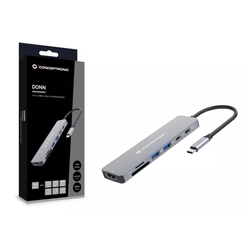 Conceptronic DONN28G docking station USB 3.2 Gen 1 7-em-1, 4K60Hz HDMI, USB-A 5Gbps x 2, USB-C 5Gbps, SD, TF/MicroSD, 100W USB PD