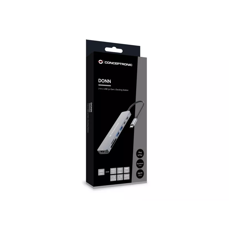 Conceptronic DONN28G docking station USB 3.2 Gen 1 7-em-1, 4K60Hz HDMI, USB-A 5Gbps x 2, USB-C 5Gbps, SD, TF/MicroSD, 100W USB PD