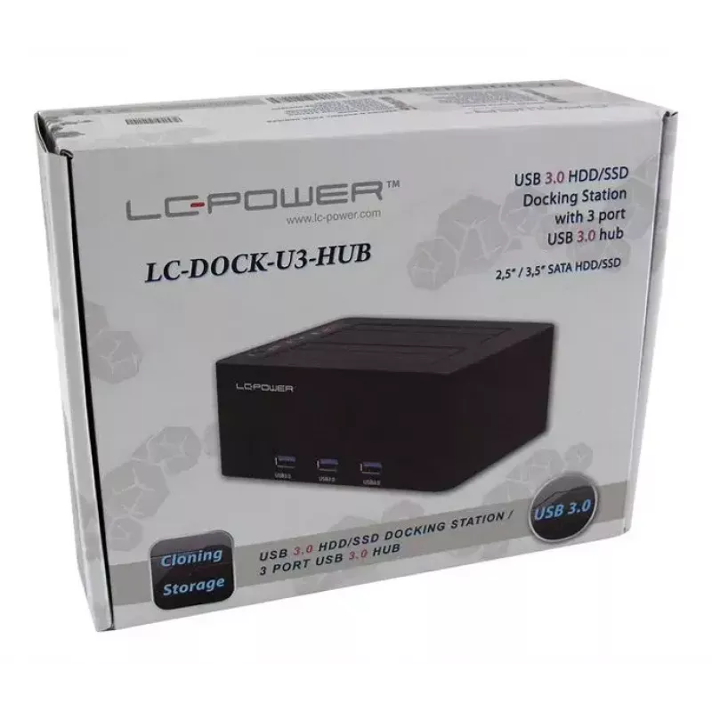 LC Power LC-DOCK-U3-HUB - docking station para HDD com indicador de rede, hub USB de 3 portas, interruptor on/off, função de clonagem baías: 2 - 2.5 / 3.5 partilhadas