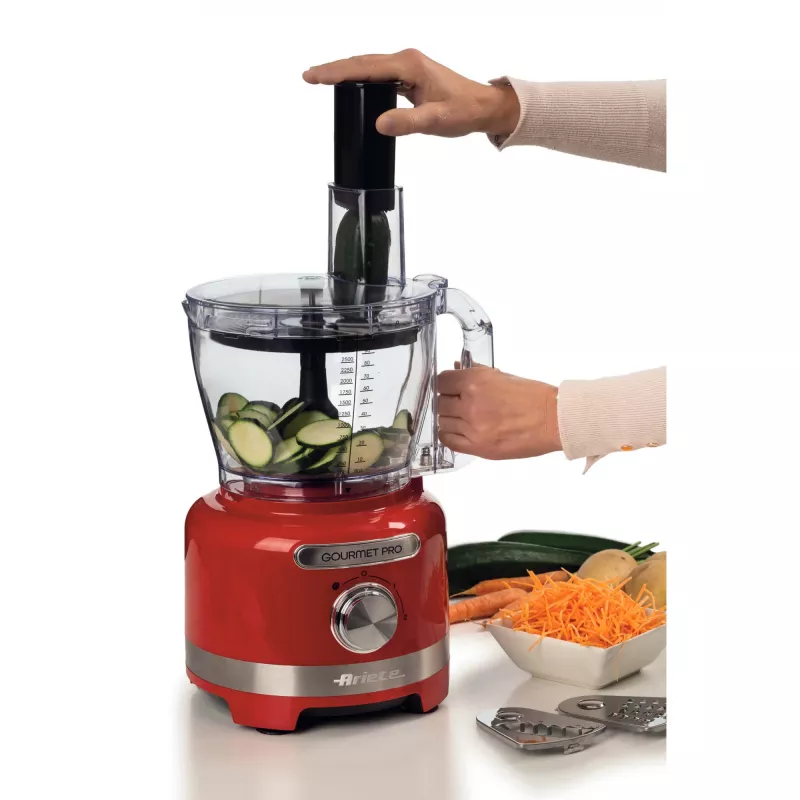 Robot de cozinha Ariete 1782 Gourmet Pro Moderna, multi-mill 3L, liquidificadora 2L, 2 velocidades + pulse, conjunto de lâminas + disco de aço inoxidável, acessório para sumo, vermelho