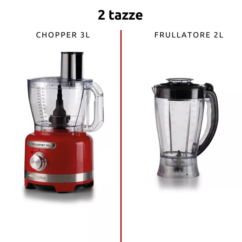 Robot de cozinha Ariete 1782 Gourmet Pro Moderna, multi-mill 3L, liquidificadora 2L, 2 velocidades + pulse, conjunto de lâminas + disco de aço inoxidável, acessório para sumo, vermelho