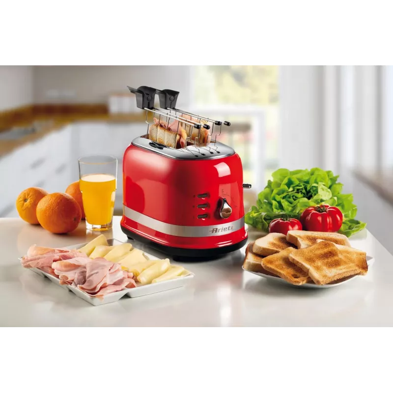 Torradeira Ariete 149 com pinça para 2 fatias de pão - ejecção automática - descongelar - 6 níveis de tostagem - 800 Watt - Modern Line - vermelho